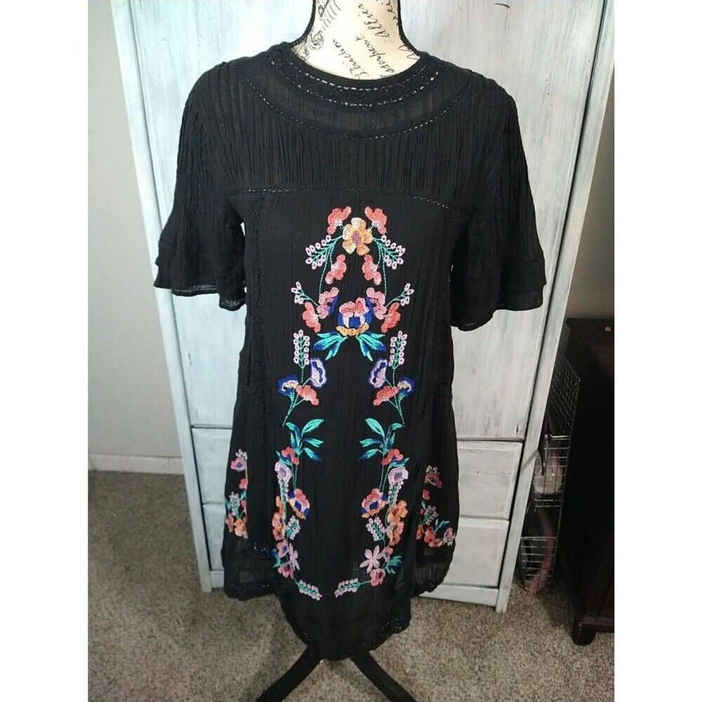 Free People Embroidered Dress Black Xs Boho Cottagecore Hippie Y2k